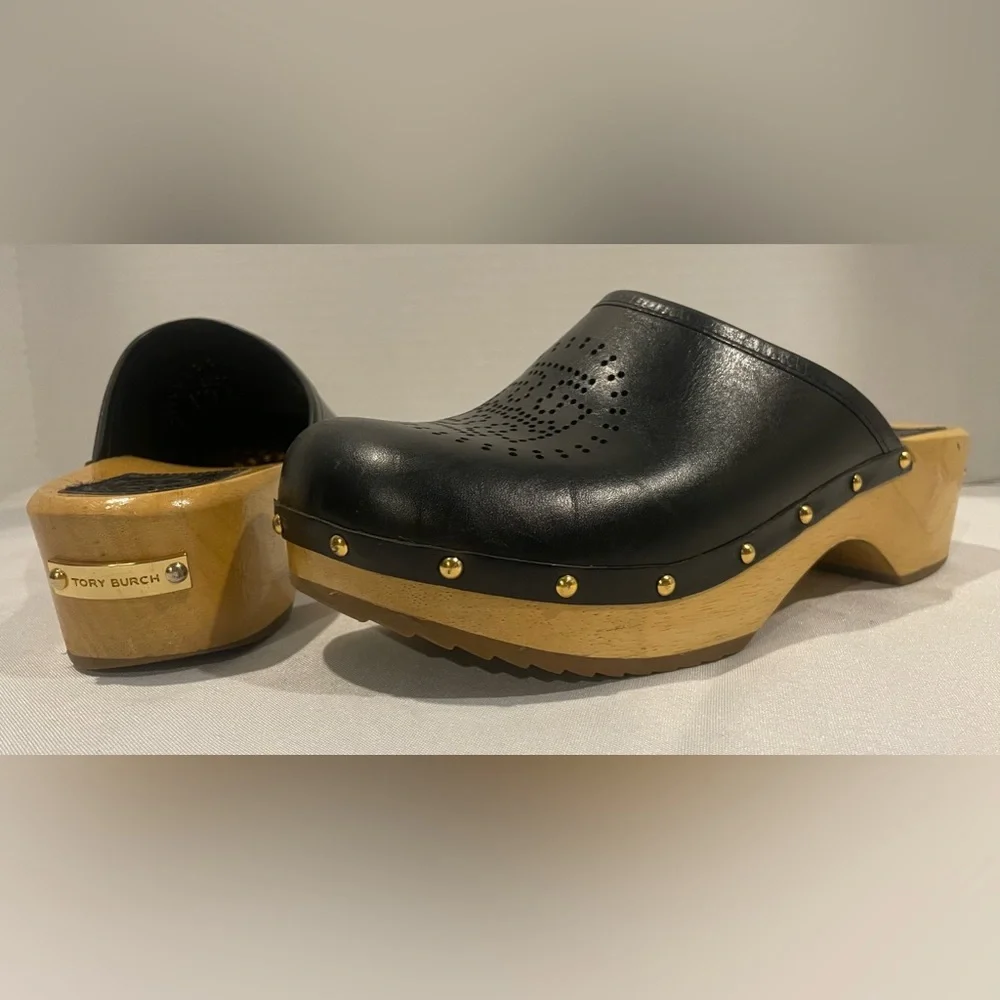 Tory Burch Black Leather & Wood Clogs with Gold Studs